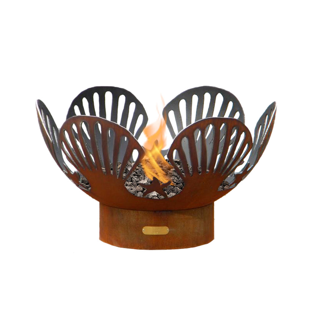 Patina gas fire pit with decorative fan flame screens and round burner base