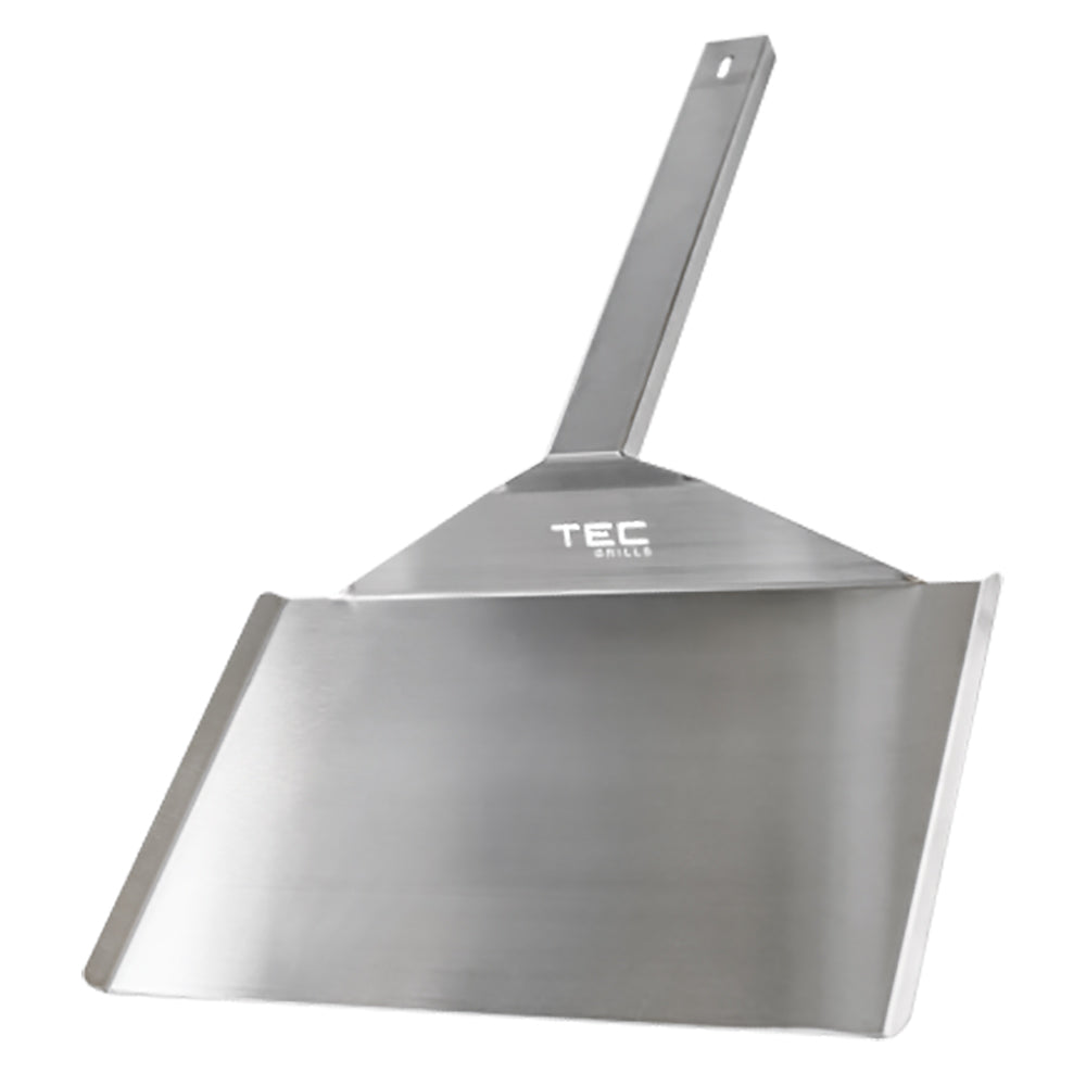 Stainless steel BBQ shovel with long handle and wide scoop, TEC logo on blade