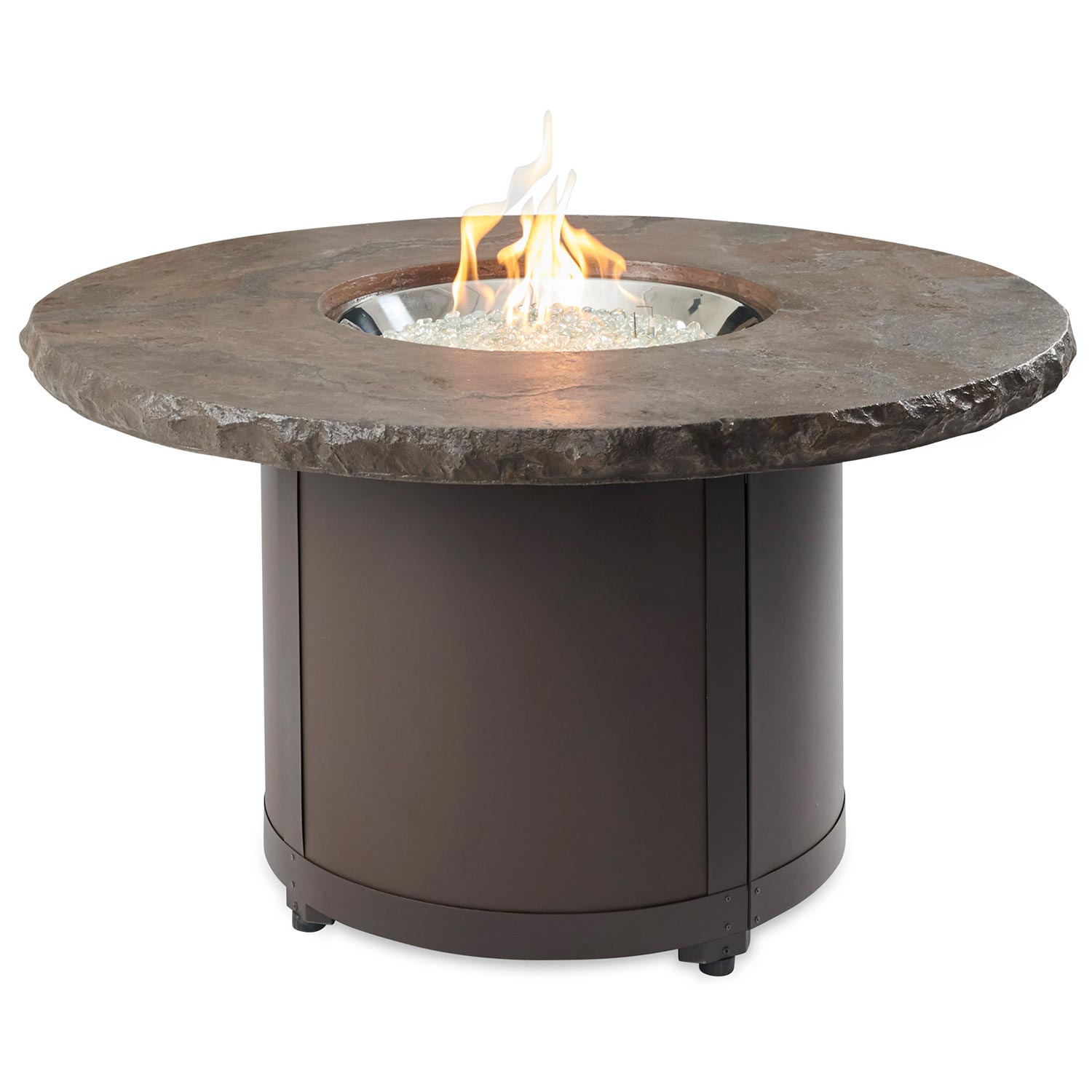 Round fire pit table with dark stone-look top and black base, tall flame burning