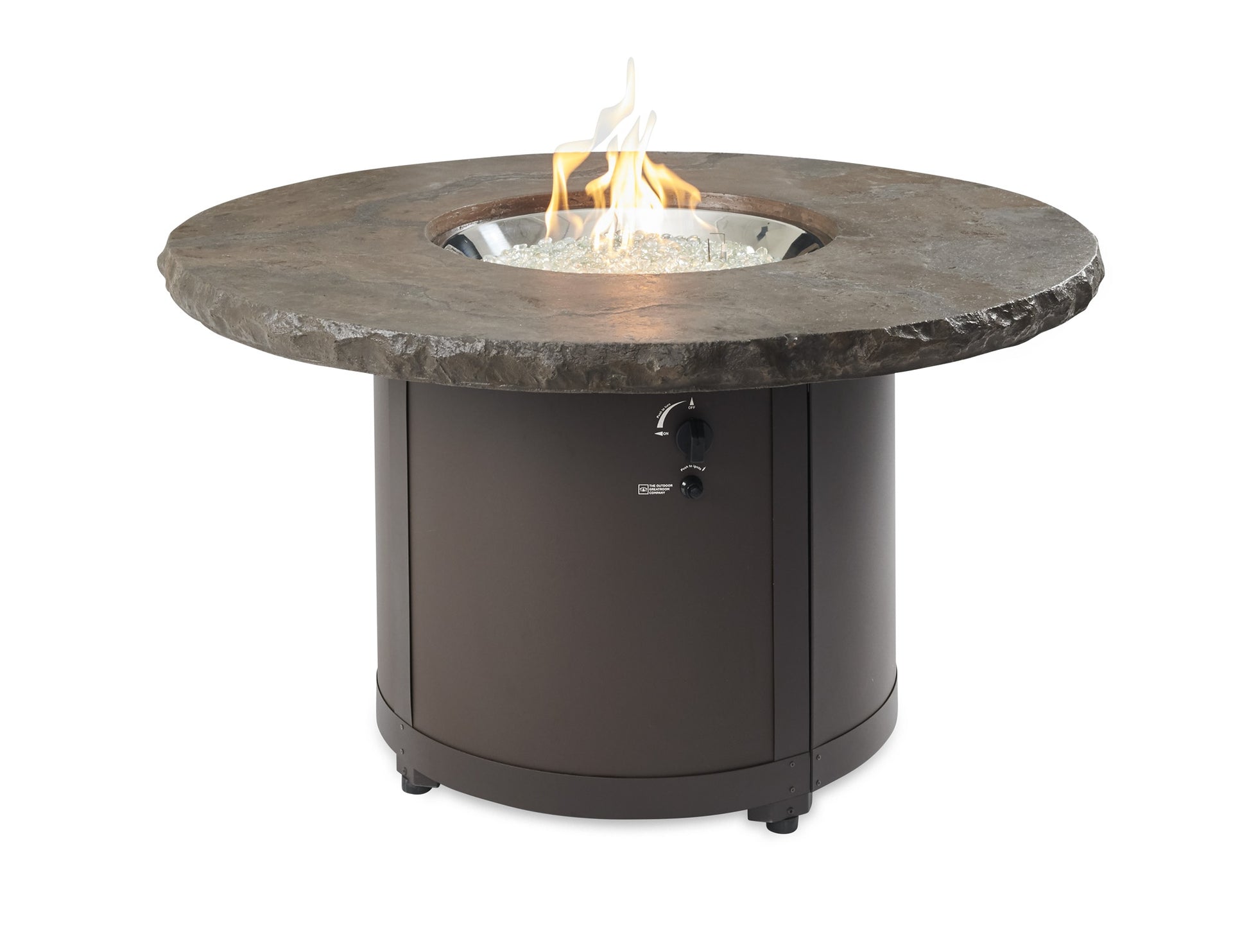 Round fire pit table with dark stone-look top and black base, flame in center