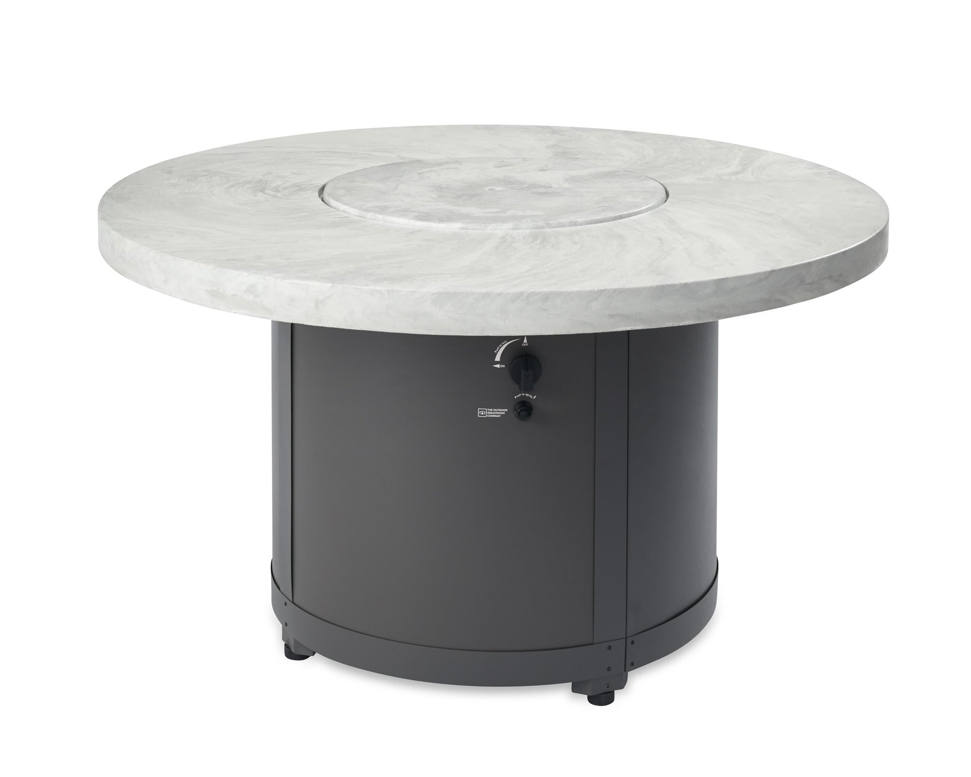 Round fire pit table with light marble top and dark base, flame and control knob visible