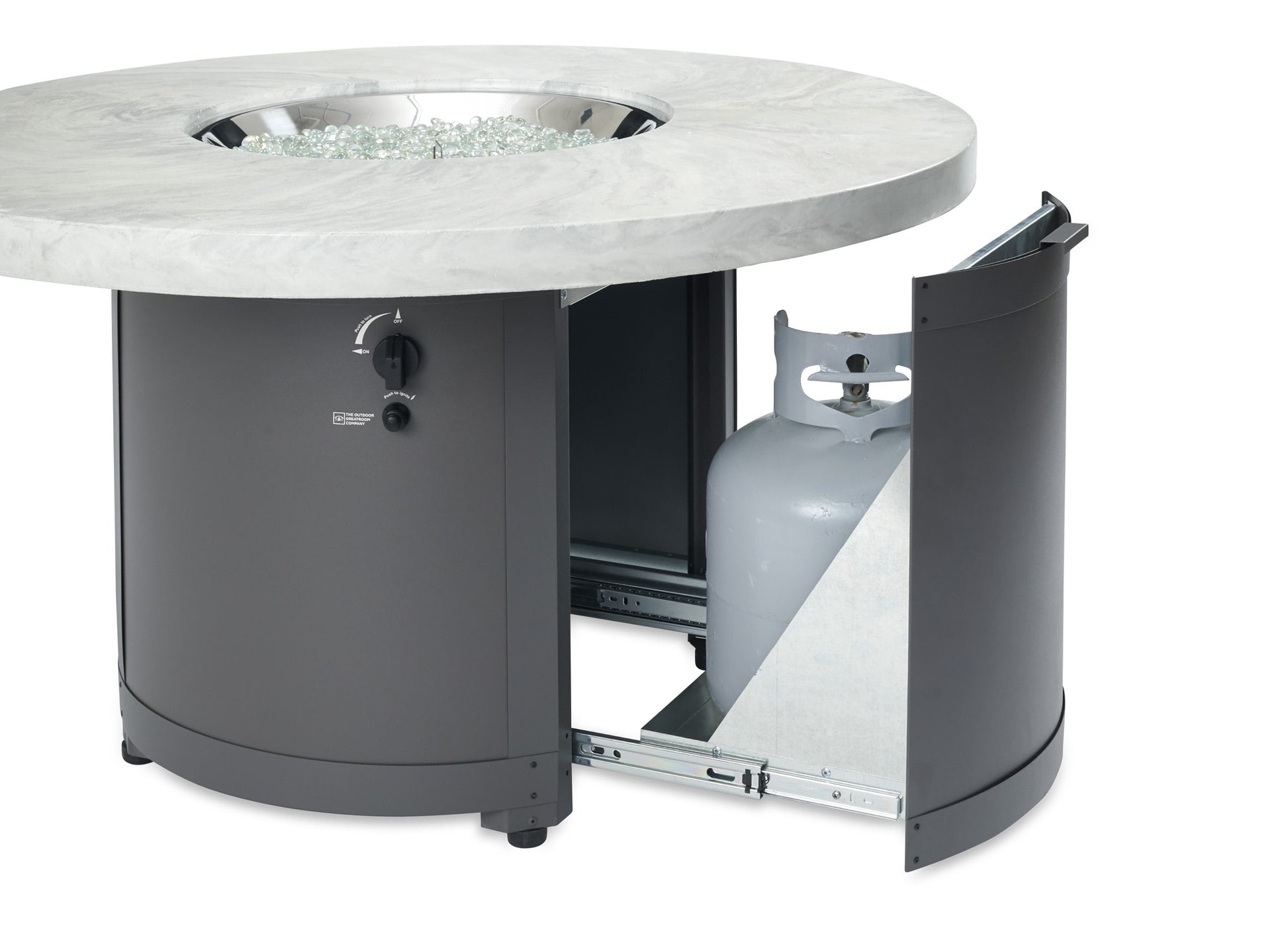 Round fire pit table with light marble top and dark base, side access panel open