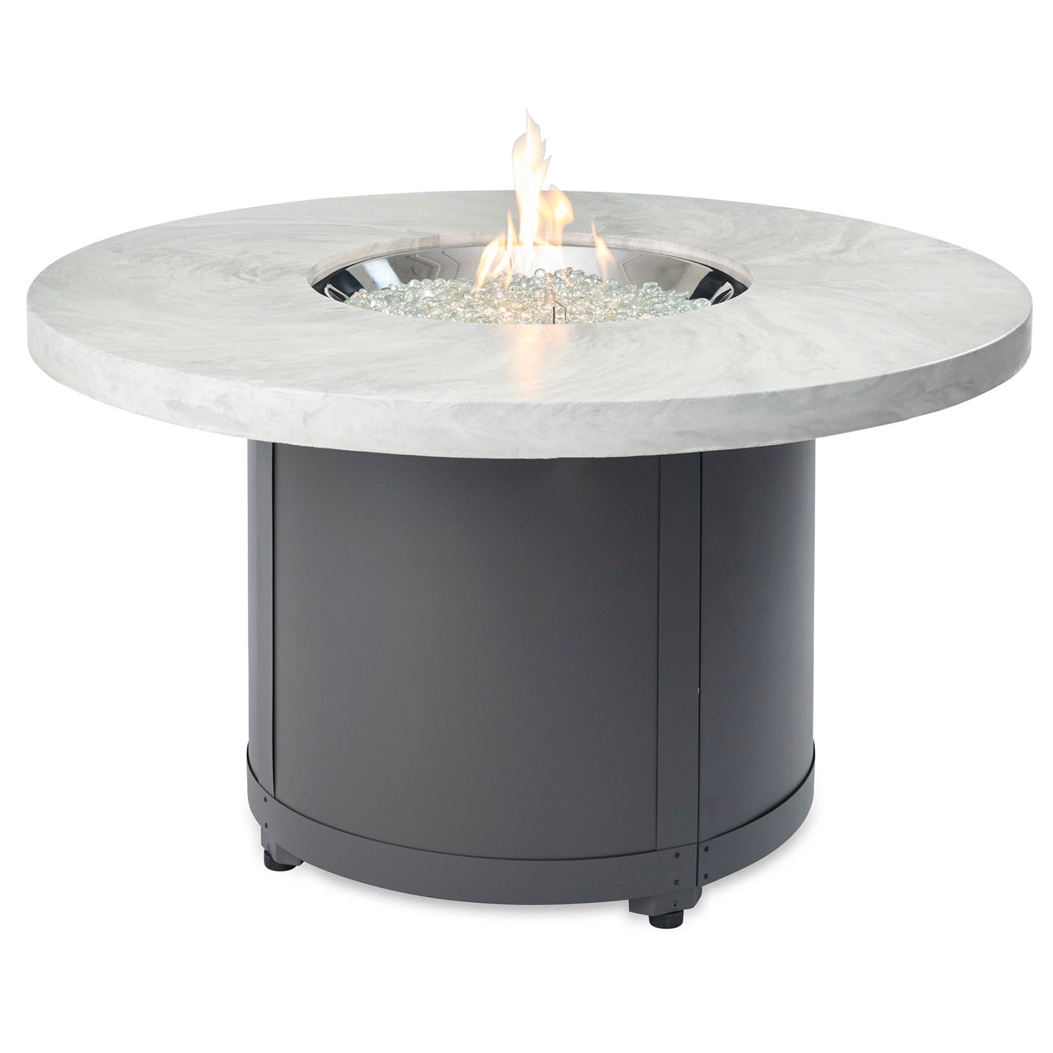 Round fire pit table with light marble top and dark charcoal base, flame in center