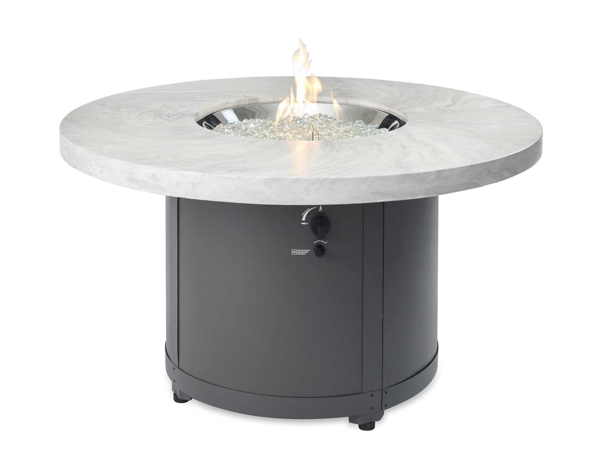 Round fire pit table with light marble top and dark charcoal base, flame in center