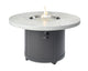 Round fire pit table with light marble top and dark charcoal base, flame in center