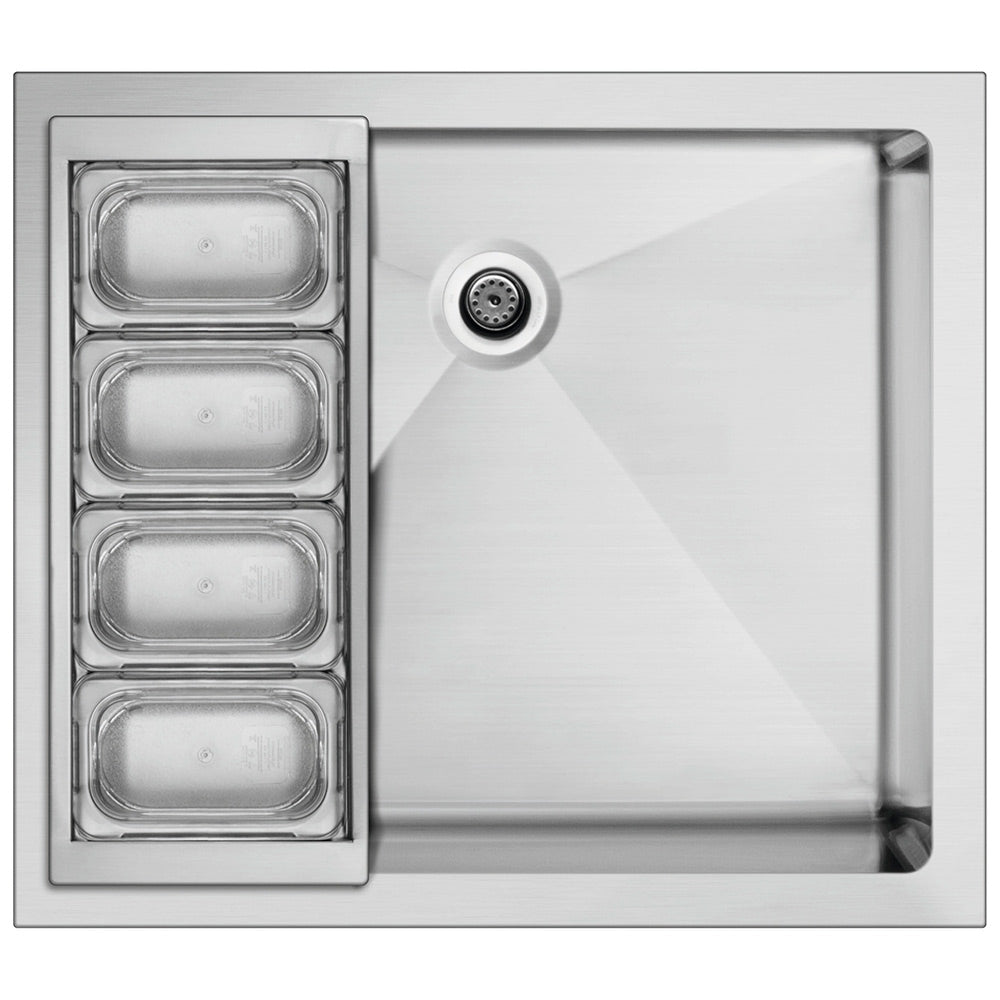 Stainless steel beverage chiller sink with four ice trays and faucet drain