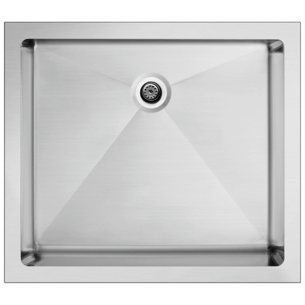 Stainless steel beverage chiller sink basin with central drain and corner brackets