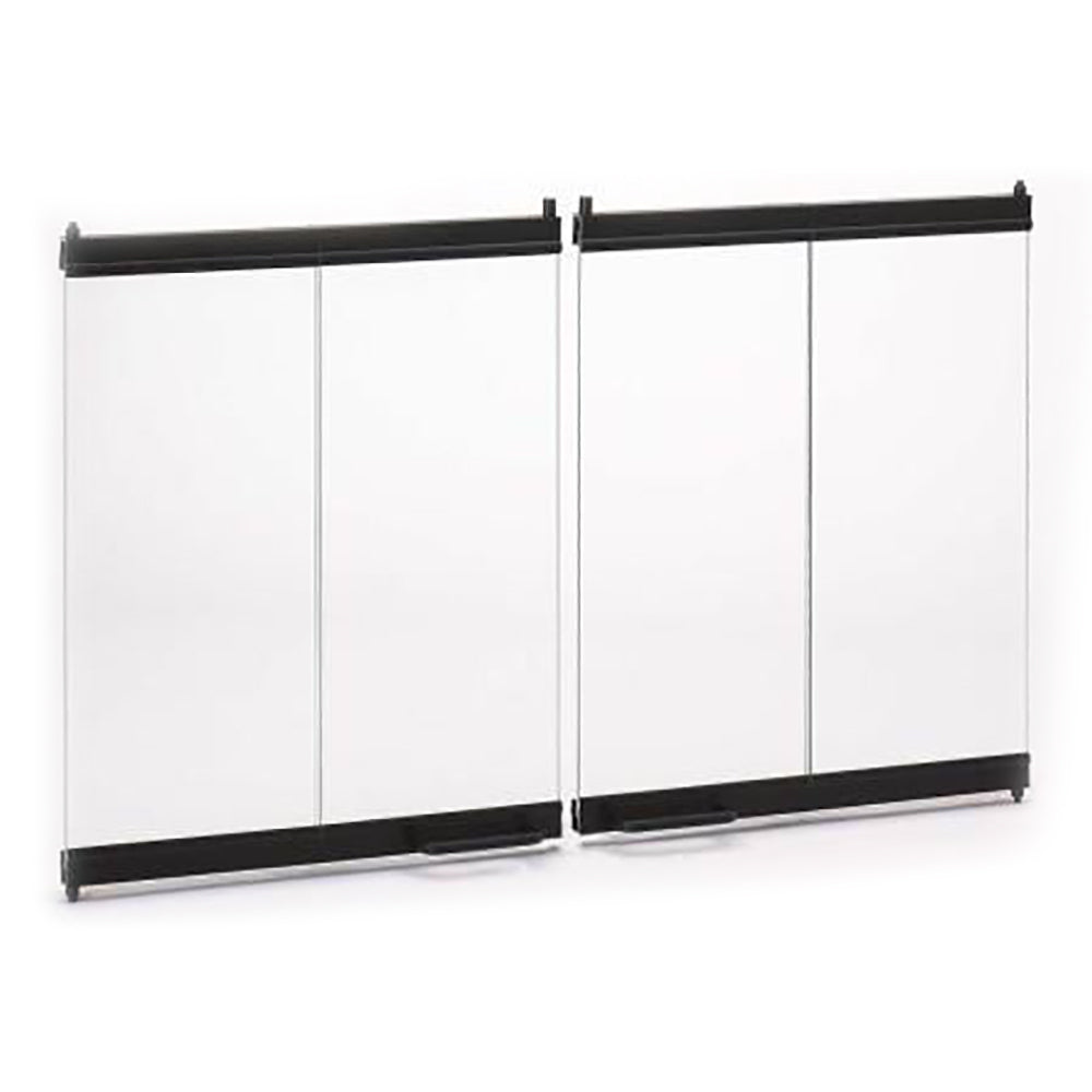 36-inch bi-fold glass door with black finish frame, outdoor fireplace door