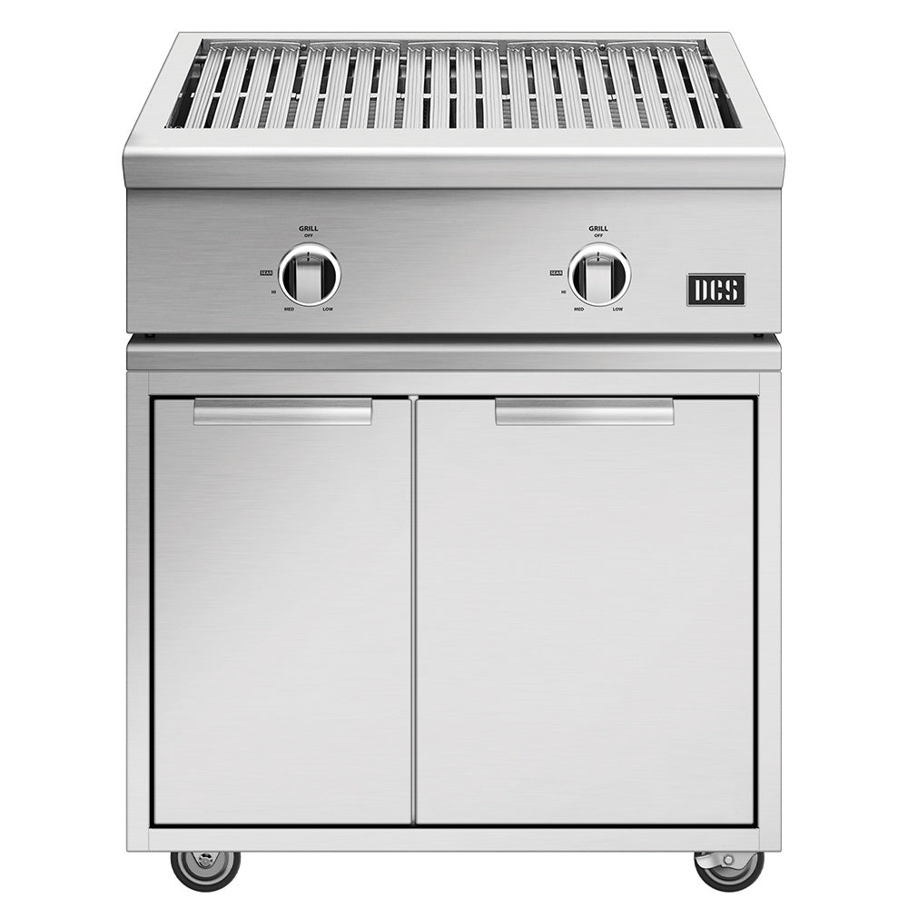 Stainless steel freestanding gas grill with two knobs, front doors, and grill grate