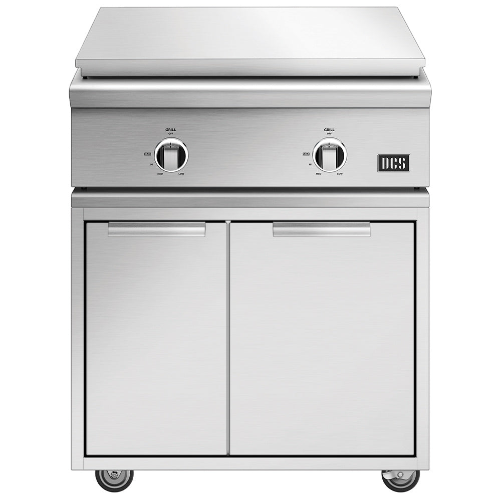 Stainless steel freestanding gas grill with lid closed, two knobs, and front doors