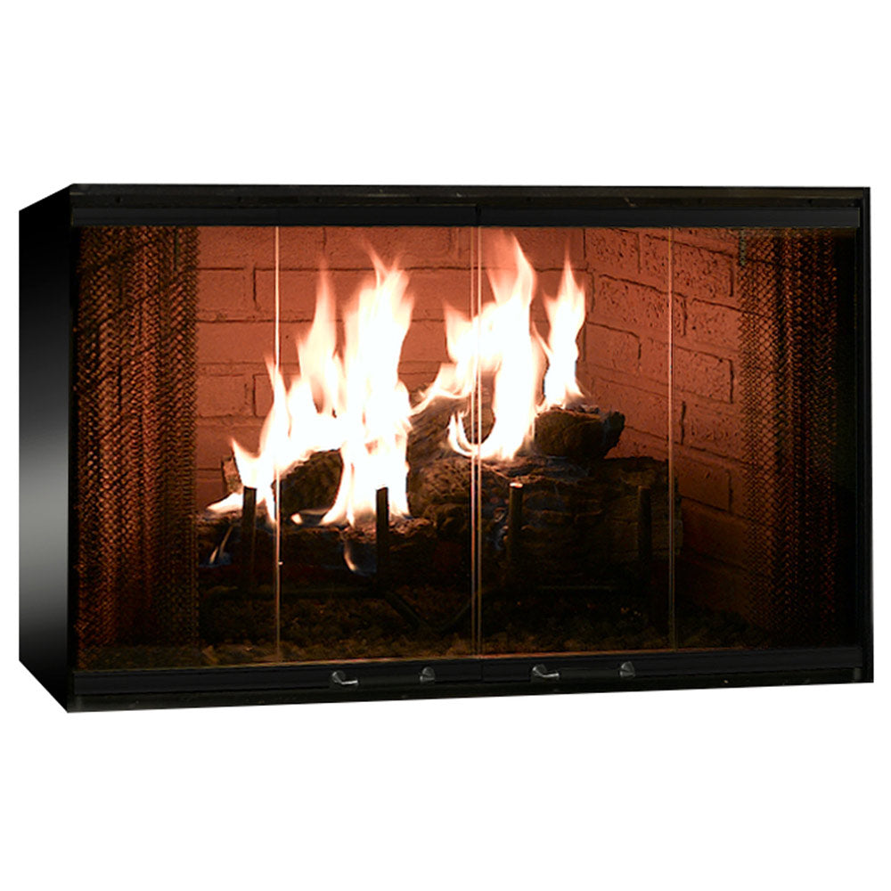 Wood burning fireplace with black frame and glass front, showing bright burning fire logs
