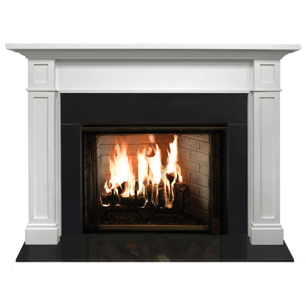 White flush wood mantel with black fireplace insert, featuring visible wood flames