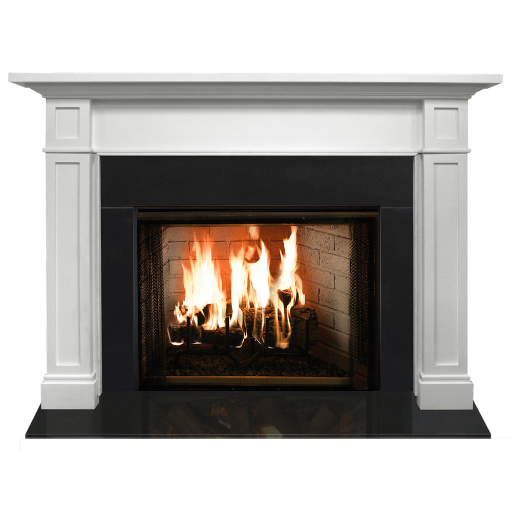 White fireplace mantel with raised trim and burning firebox insert