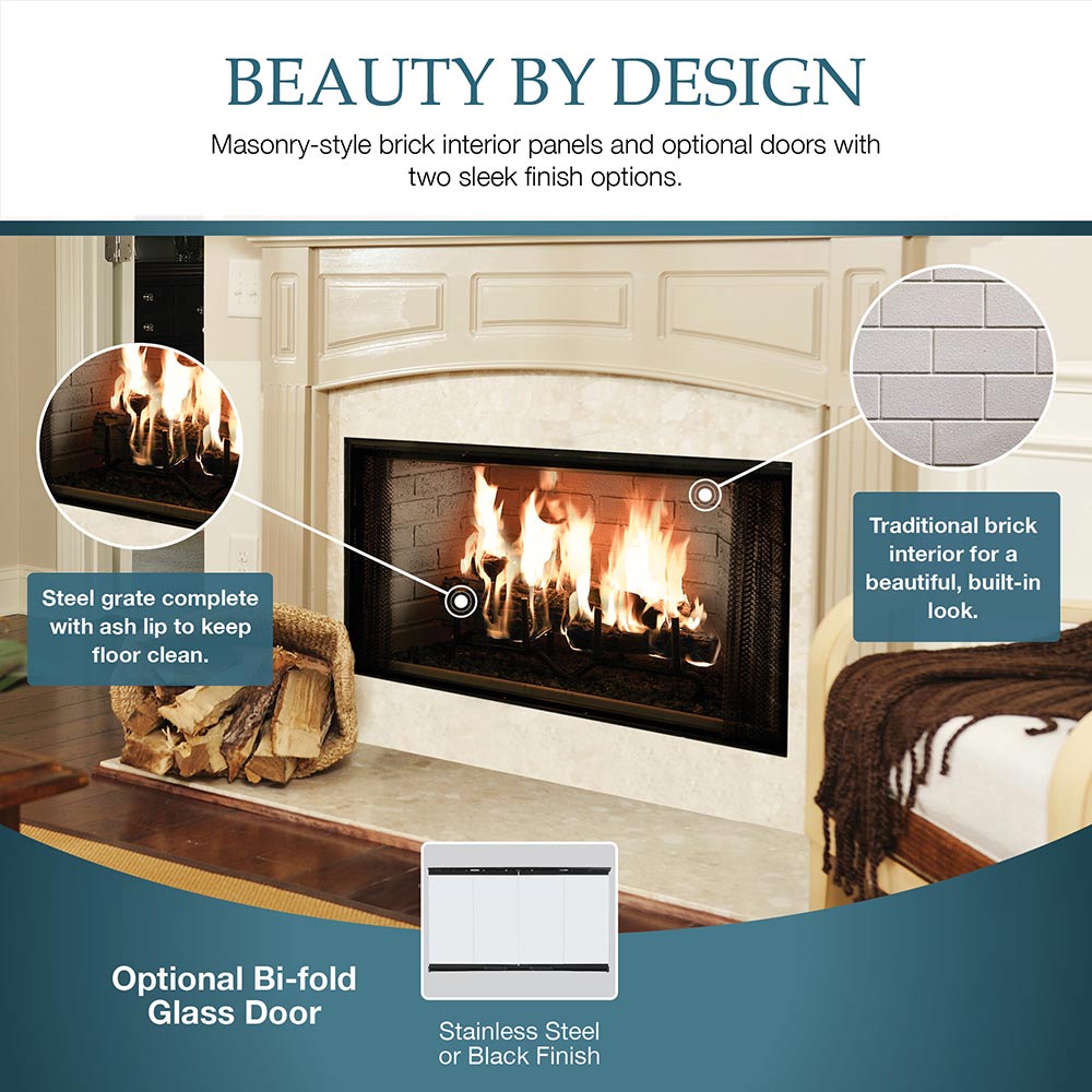 Wood burning fireplace infographic with brick interior panel details and optional glass door