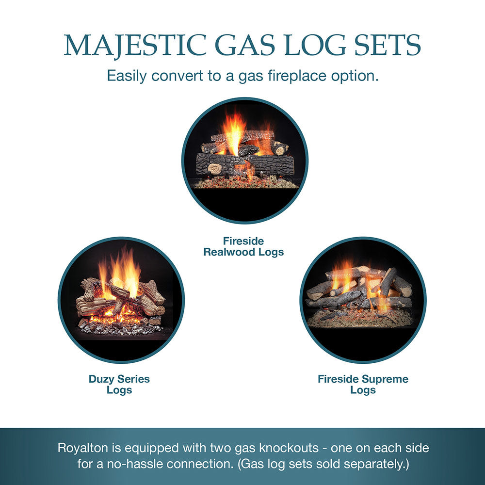 Majestic gas log sets infographic with three circular flame log options