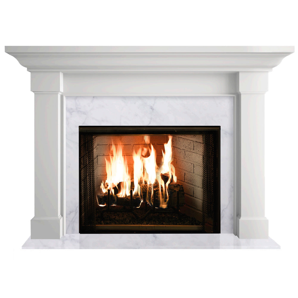 White flush wood mantel fireplace with burning logs in a glass firebox