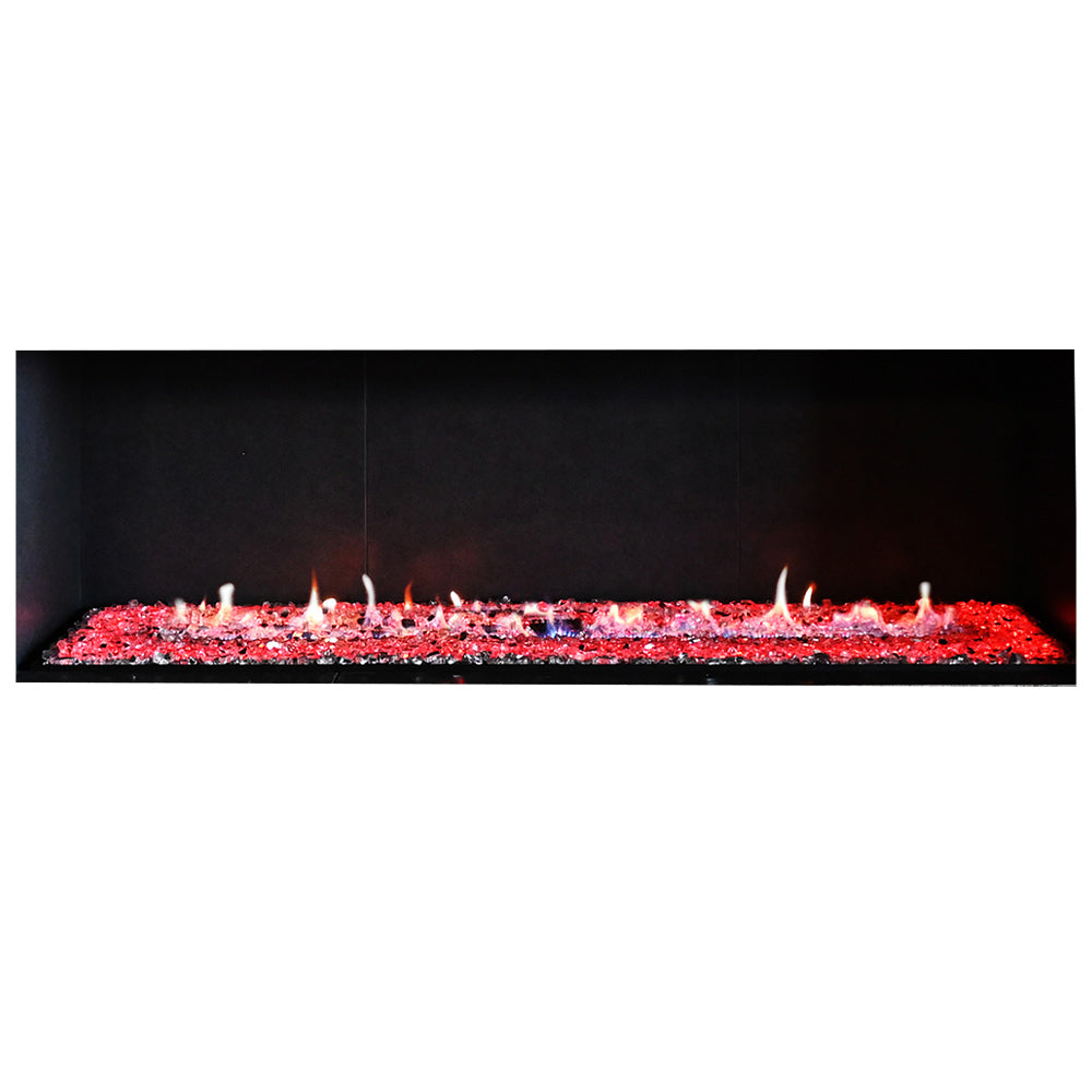 Linear vent-free gas burner kit with glowing red fire glass and flames