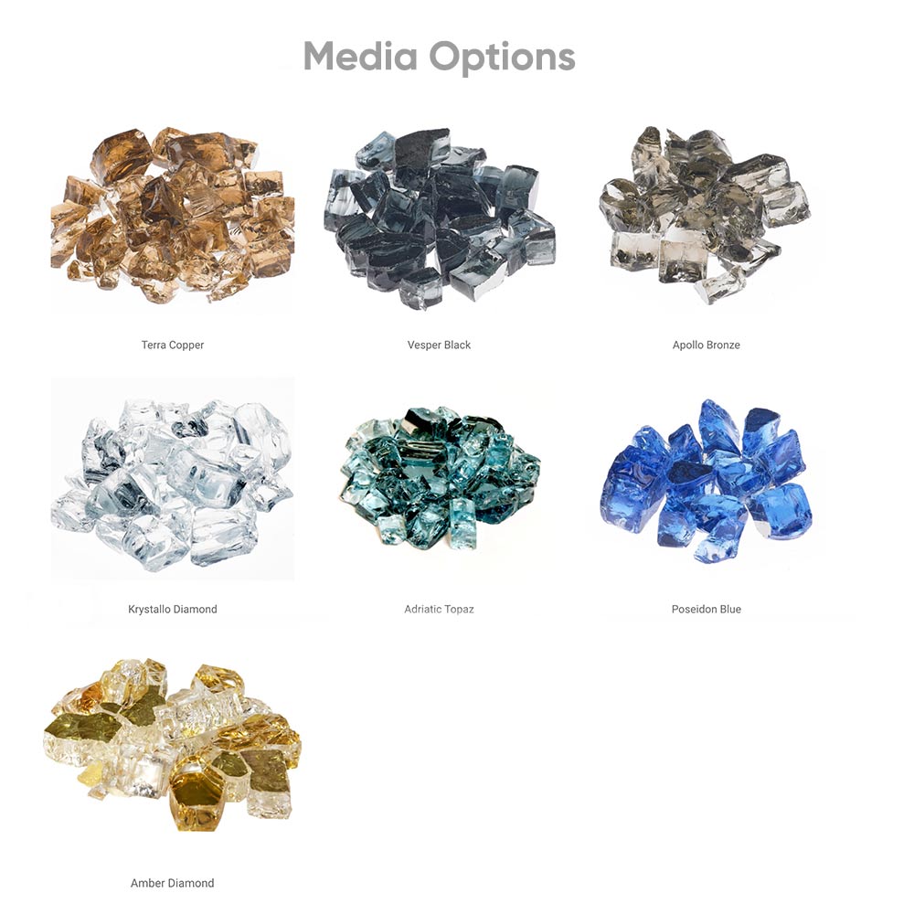 Fire glass media assortment in copper, black, bronze, diamond, topaz, blue, amber