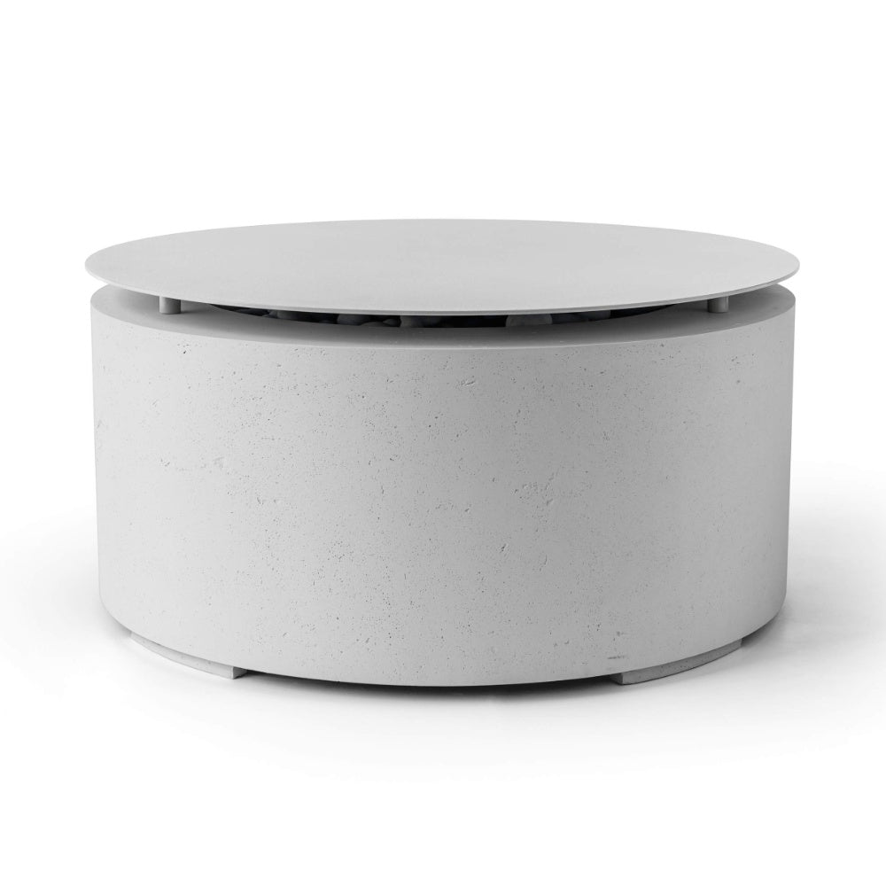 Round aluminum tabletop lid for fire pit with flat top and tabbed edge