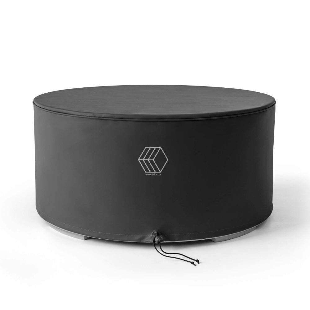 Round fire pit vinyl cover, dark with logo and drawstring cord