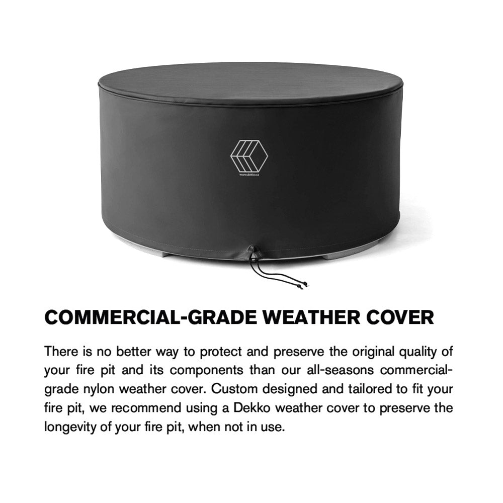 Round fire pit weather cover, dark with central logo and front tie cord