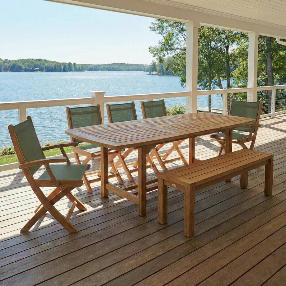 Solid teak dining bench with slatted seat and tapered legs, rectangular frame.