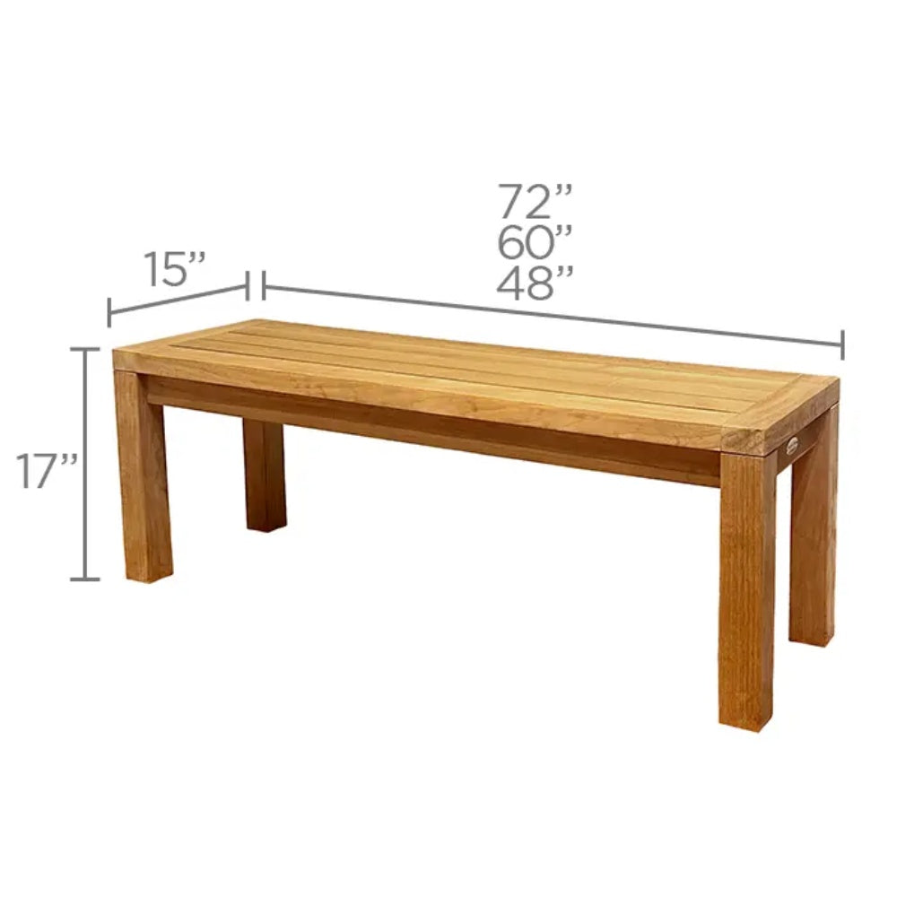 Solid teak dining bench, 72 in x 48 in x 17 in, slatted top and tapered legs.