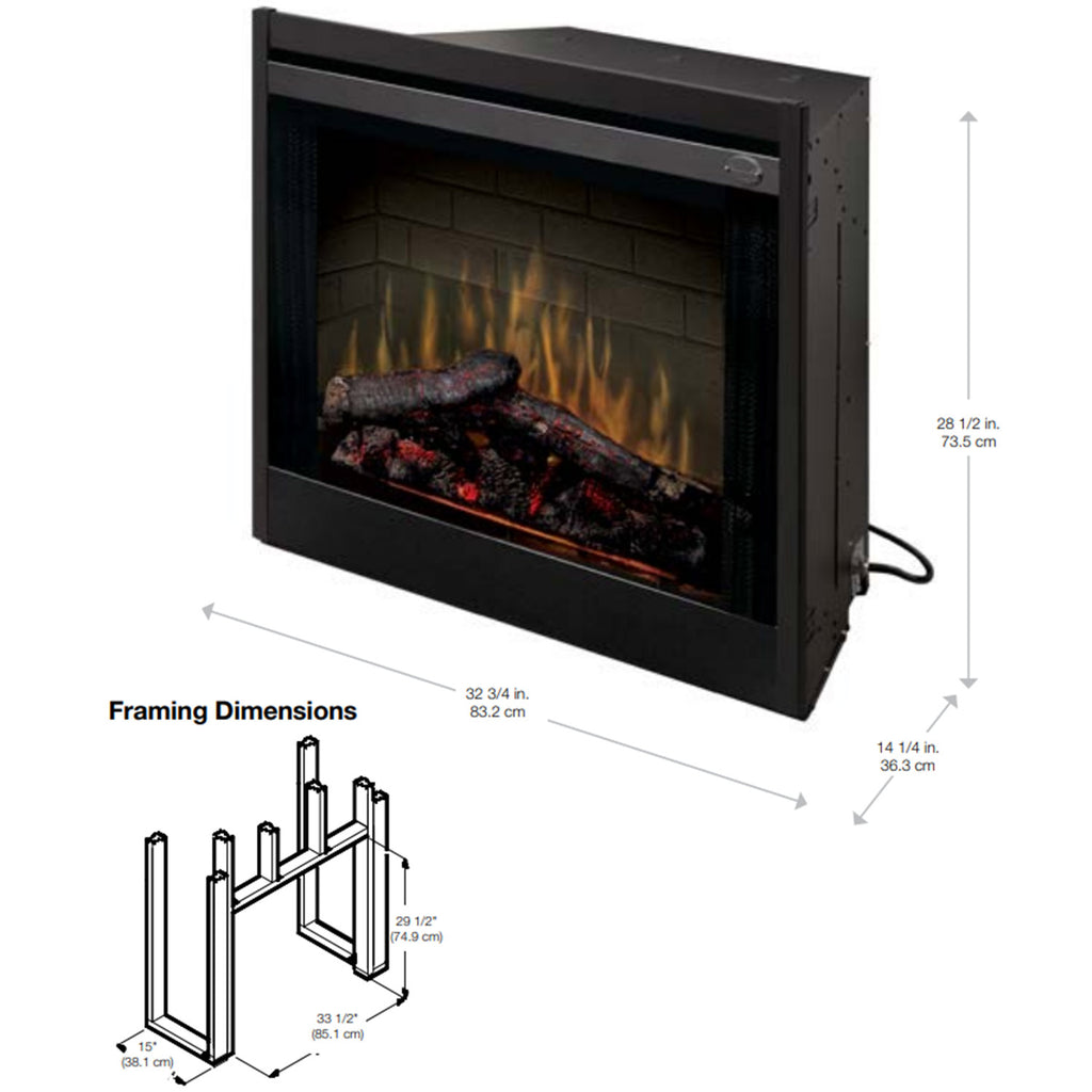 Black electric fireplace insert with trim kit, front view with dimension lines
