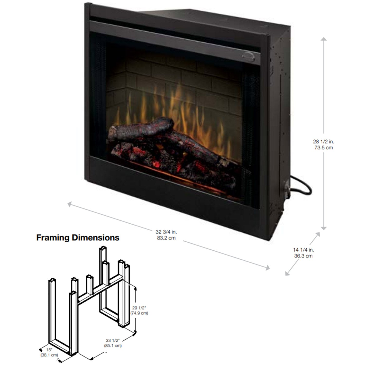Built-in electric fireplace insert showing black frame, flame view, and size dimensions