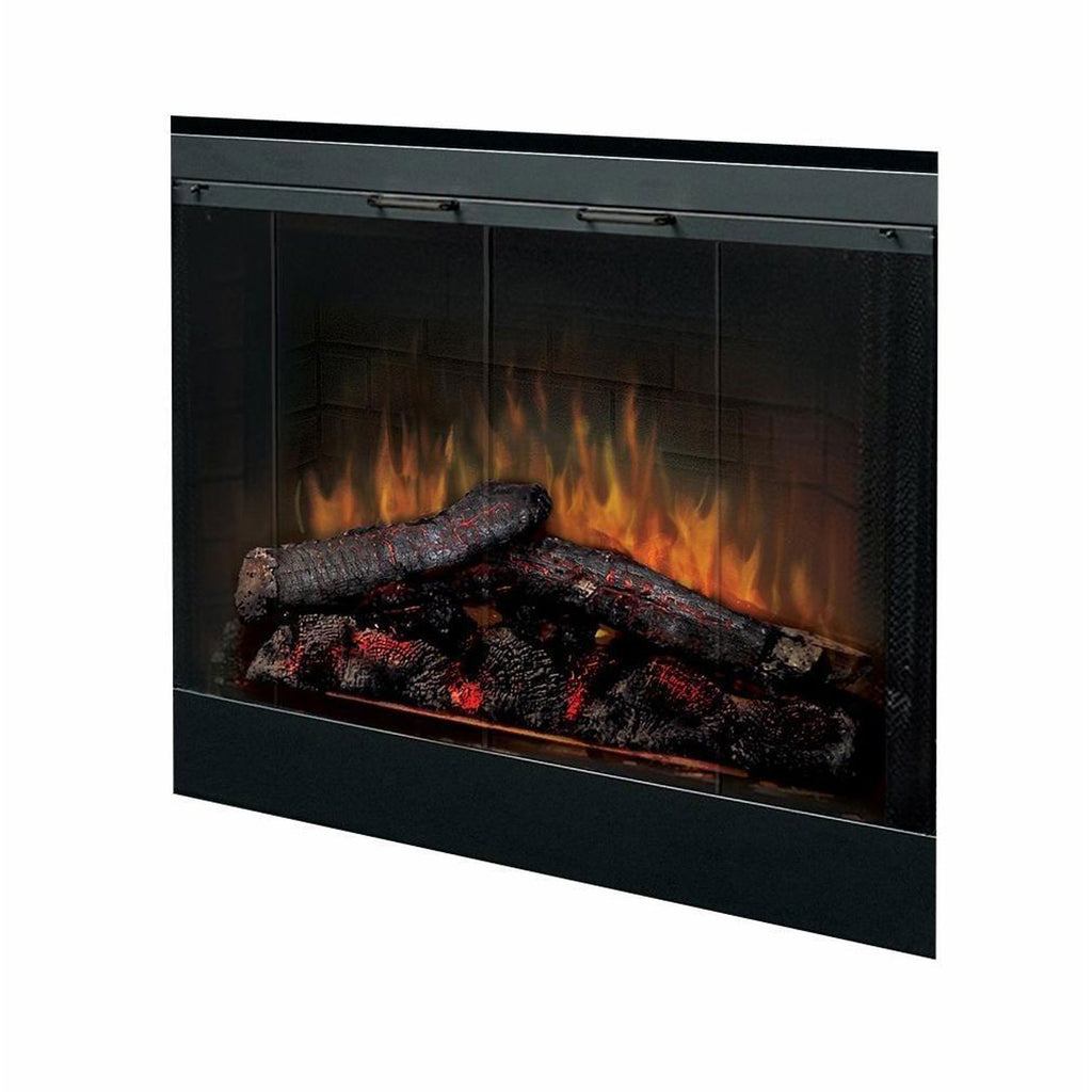 Built-in electric fireplace with glass front and glowing flame effect