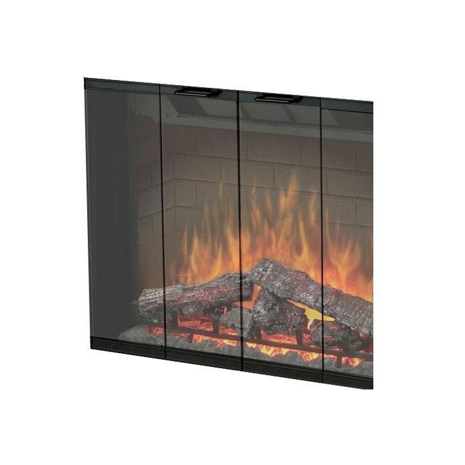 Black framed bi-fold glass fireplace door panels with flame view