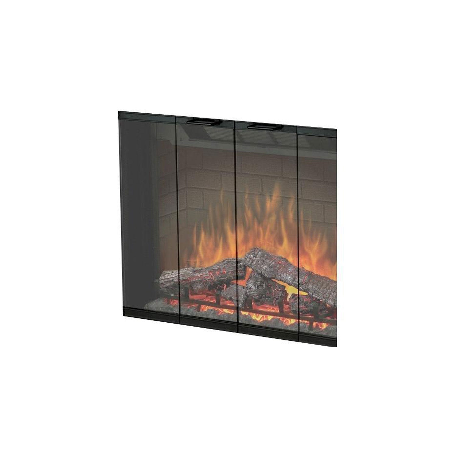 Black bi-fold glass fireplace door with three vertical panels and flames seen through