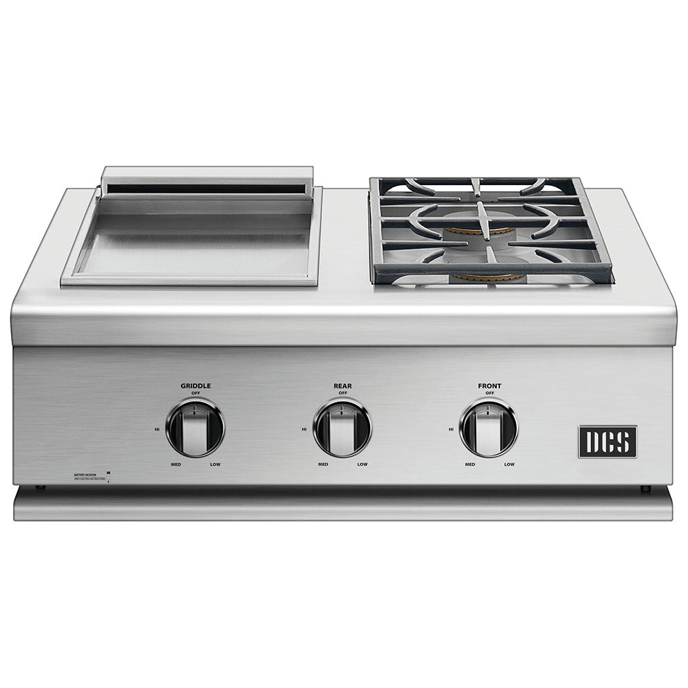 Stainless steel built-in grill with open griddle, dual side burner, and control knobs