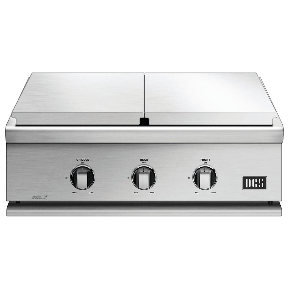 Stainless steel built-in grill with front knobs and two cooking zones