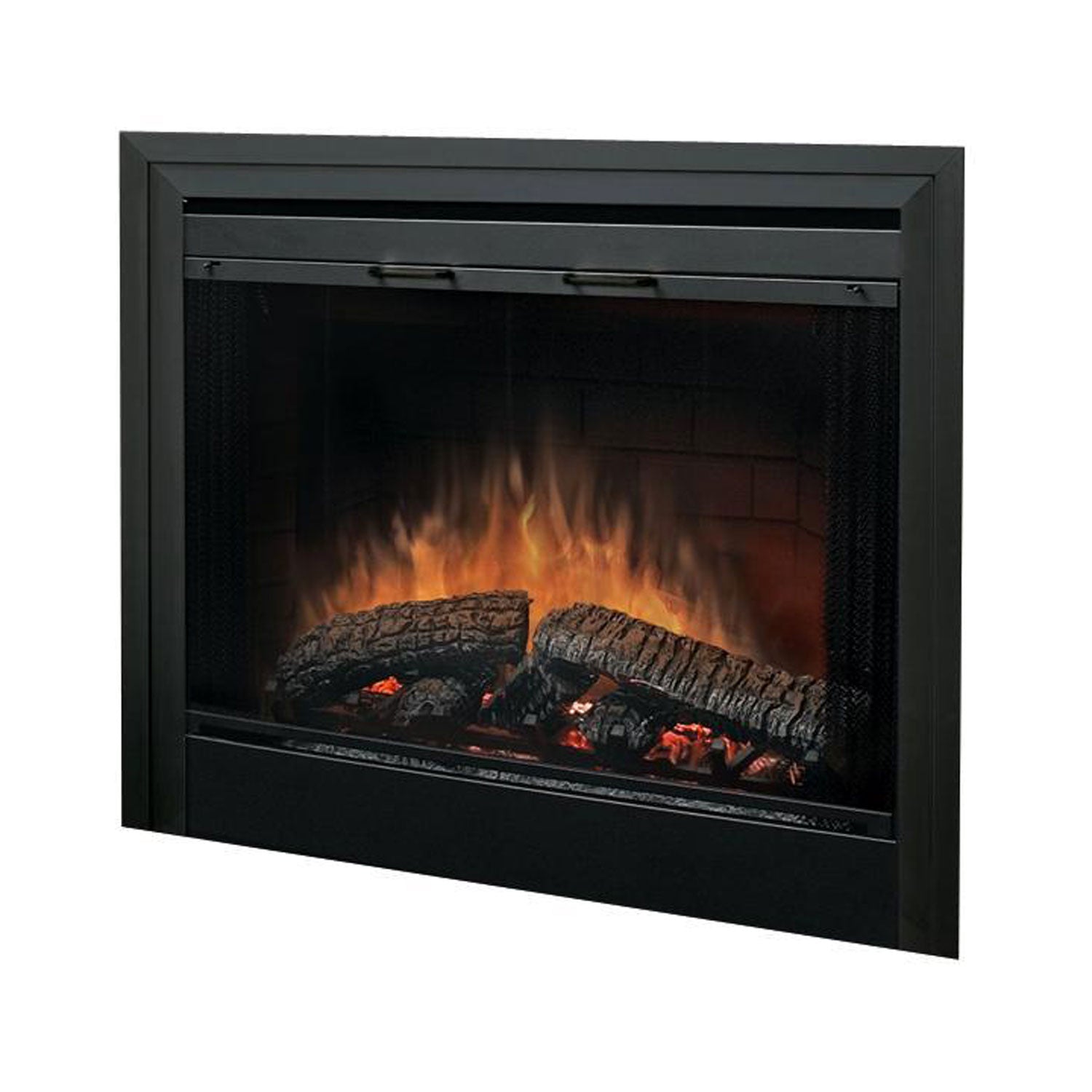 Black glass fireplace door with mesh sides and visible flame display