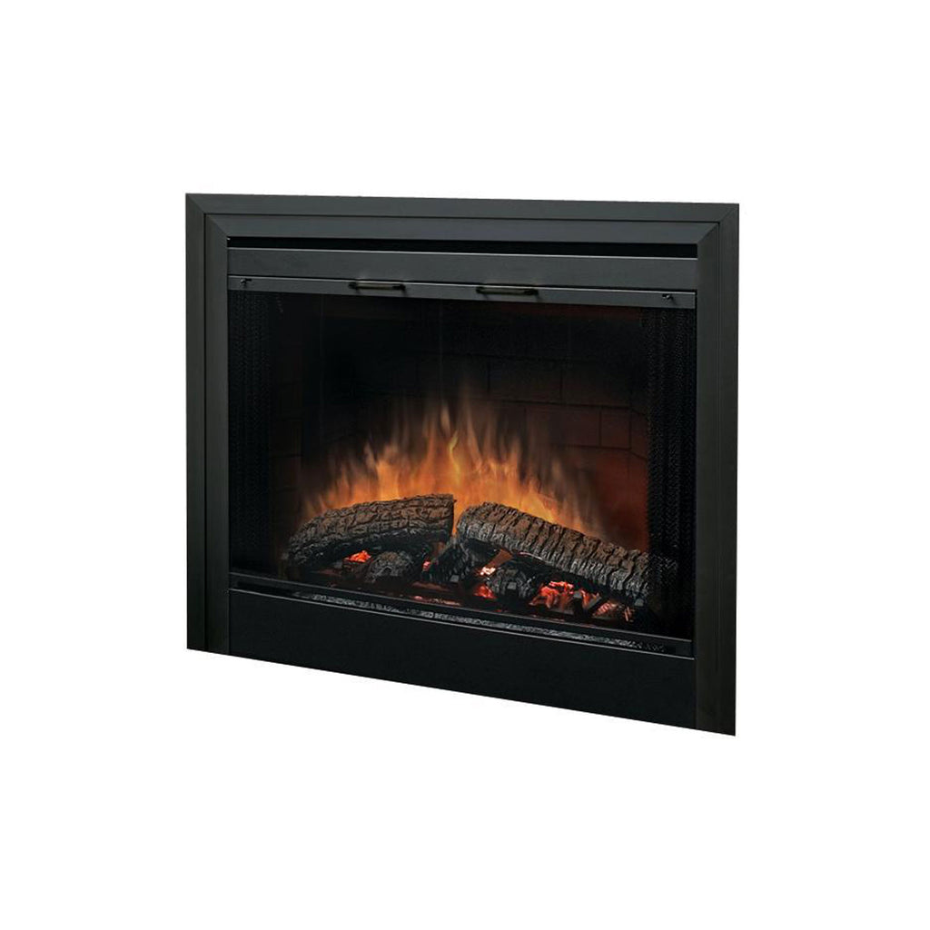 Black glass fireplace door with visible flame behind clear panels and metal frame