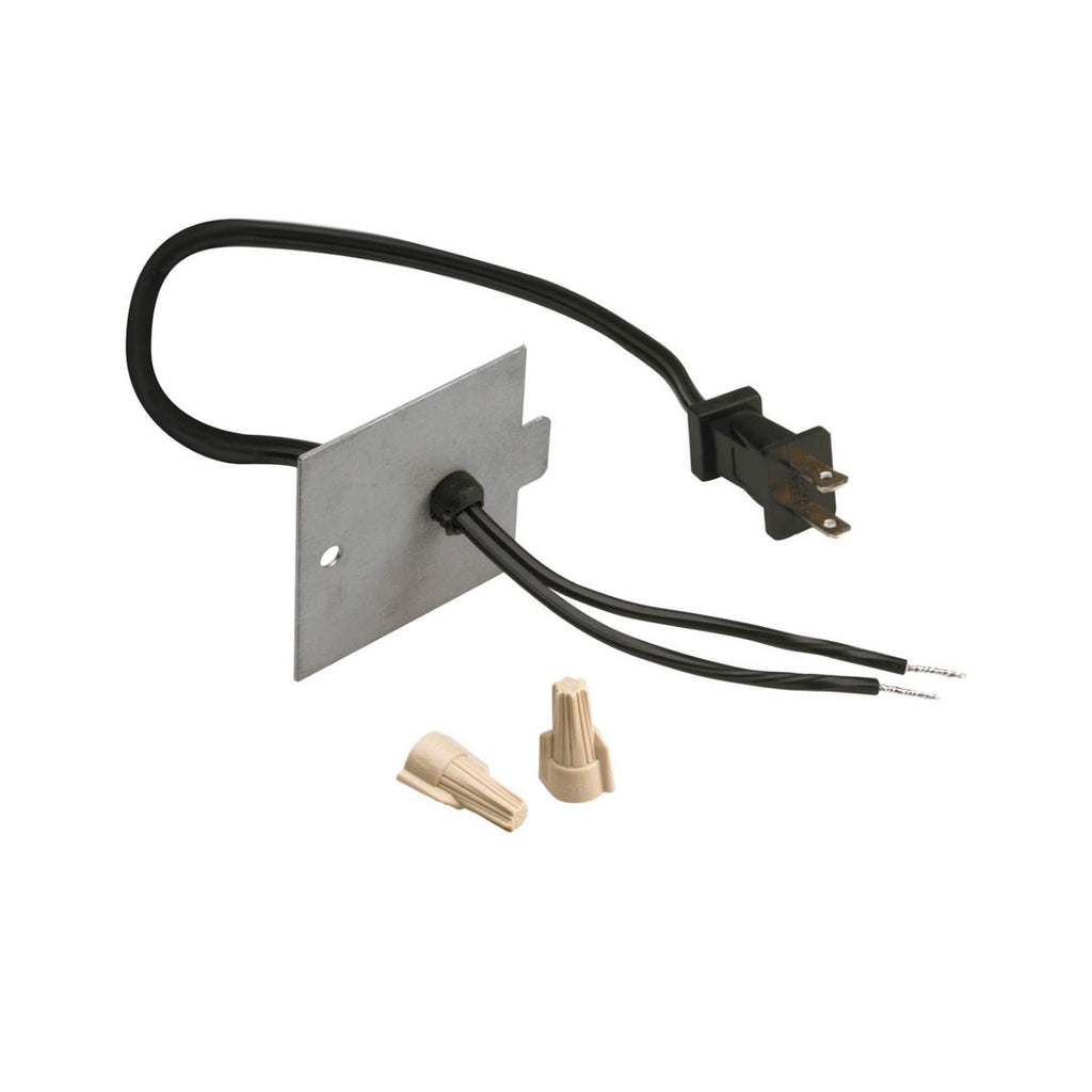 Outlet conversion kit with black power cord, plug, metal bracket plate, wire connectors