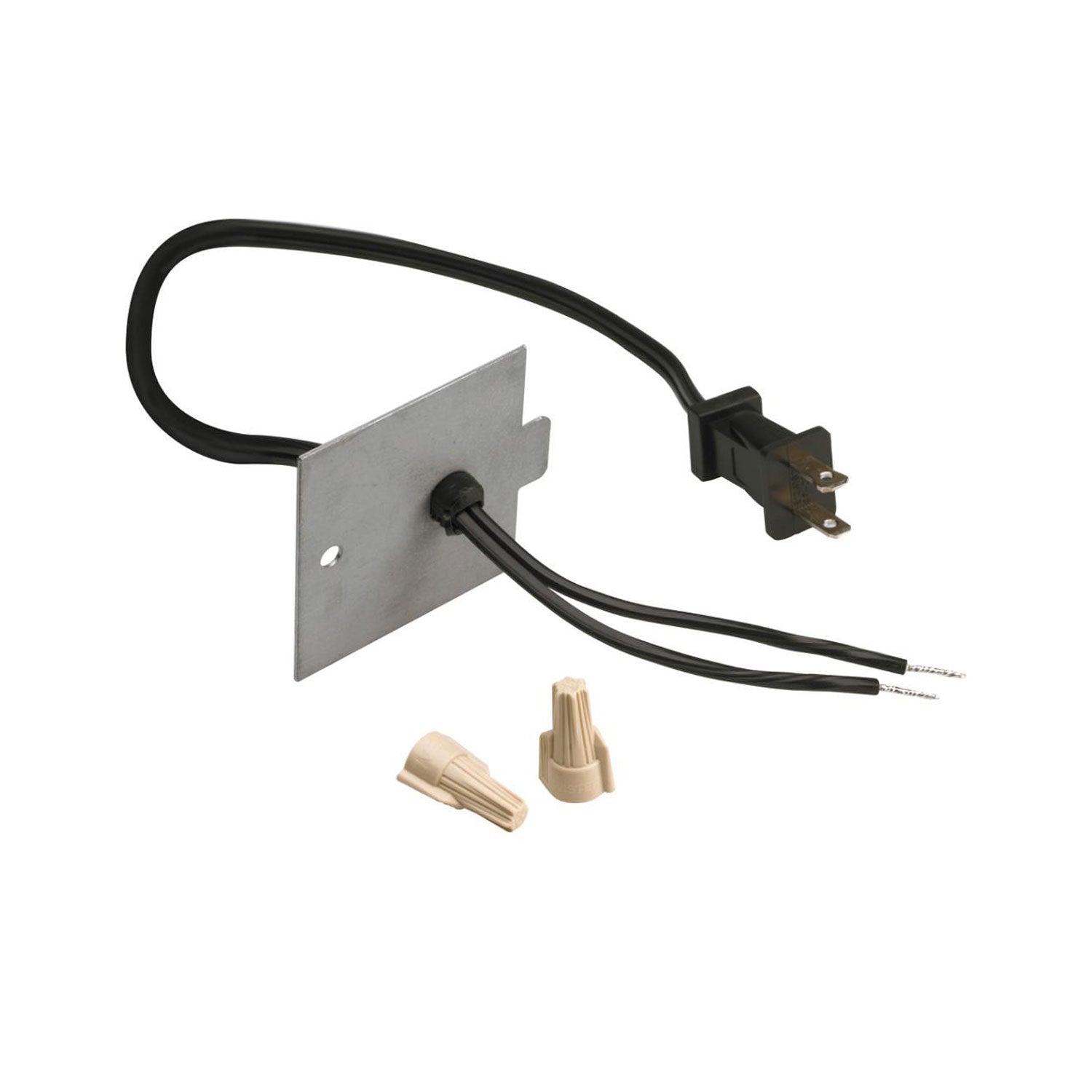 Outlet conversion kit with black power cord, plug, metal bracket plate, wire connectors