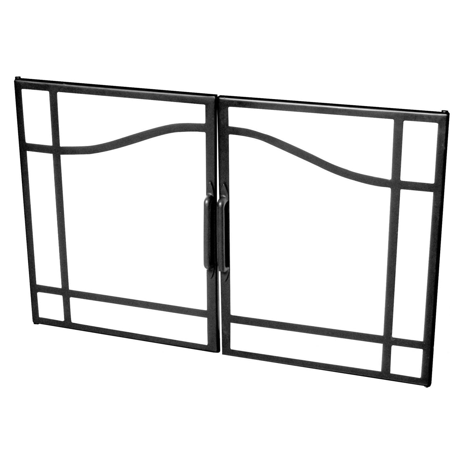 Open black bi-fold glass fireplace door with arched grille panels