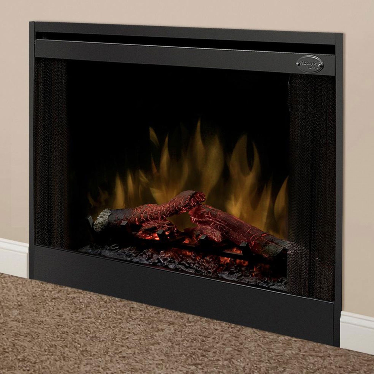 Black glass fireplace door with flame view and mesh screen on both sides