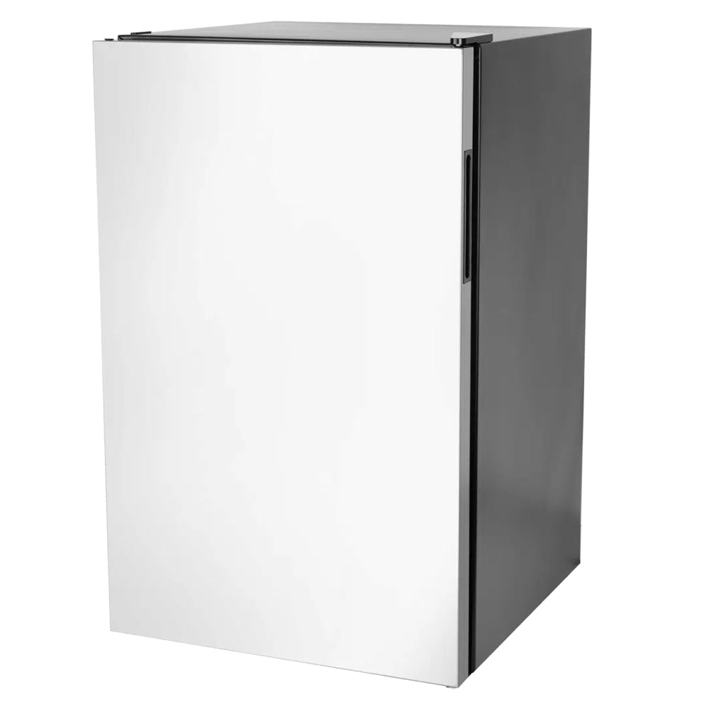 Compact refrigerator with dark gray body and white single front door
