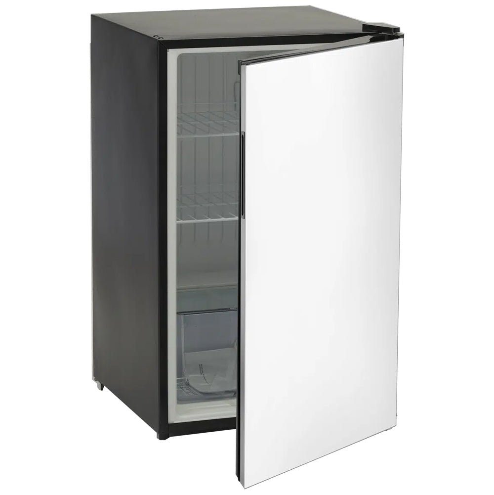 Refrigerator with open door showing interior shelves and clear drawers