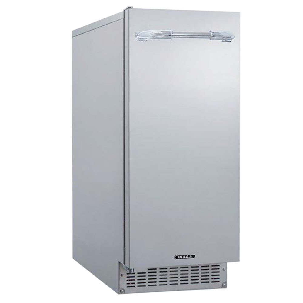 Stainless steel outdoor ice maker with front brand badge and vented grille