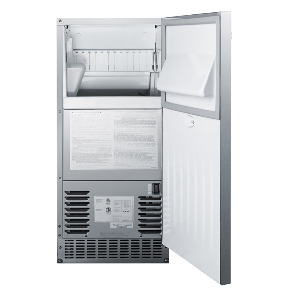 Outdoor ice maker with open access door showing ice bin and control panel