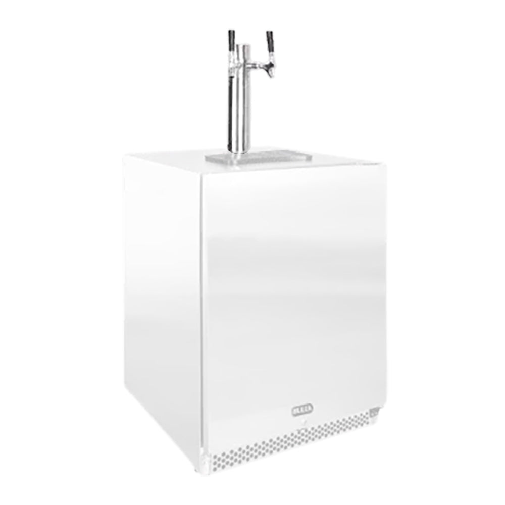 White draft beer tap tower with chrome faucets on top