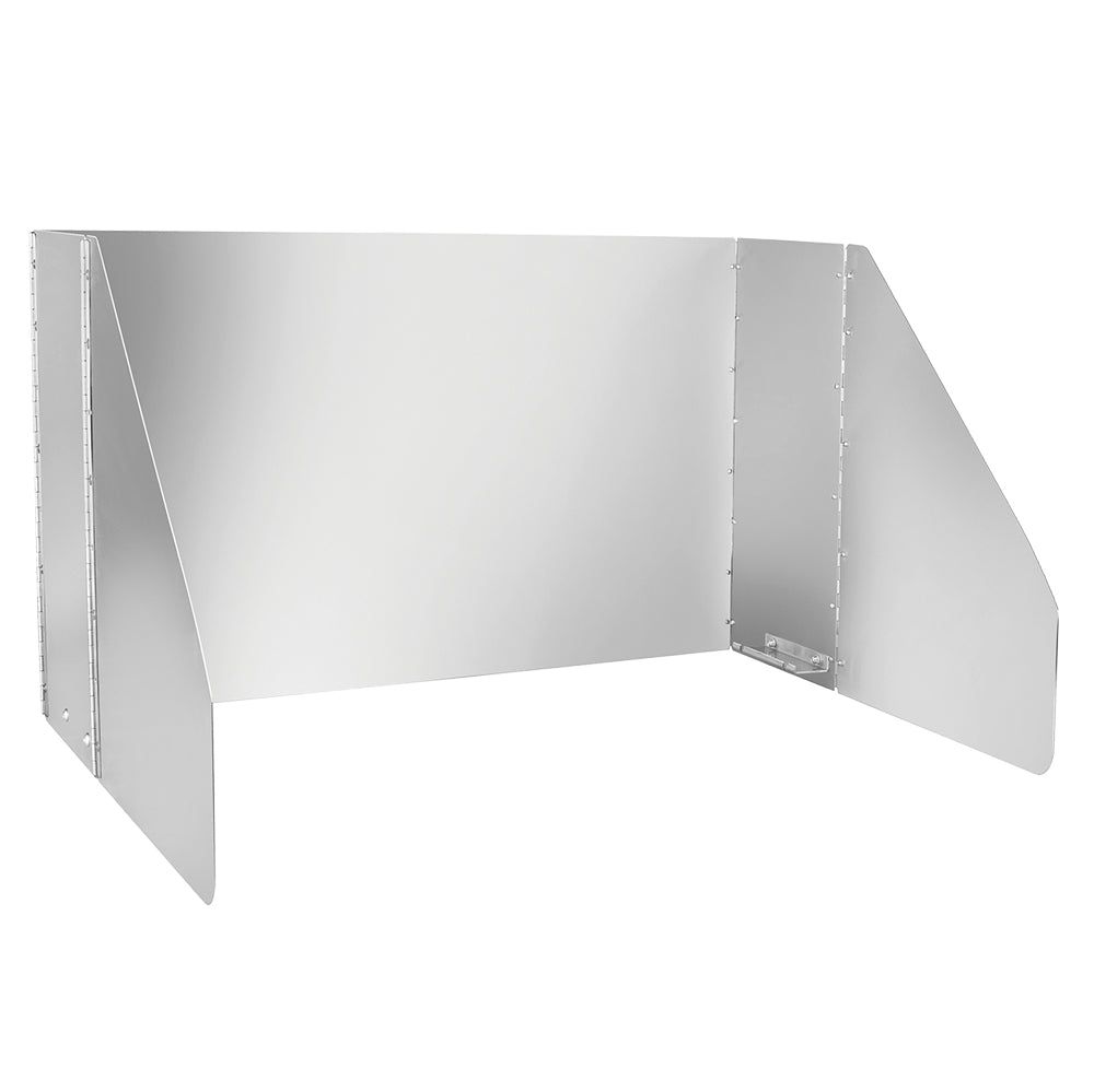 Stainless steel grill windshield with side panels and angled outer walls