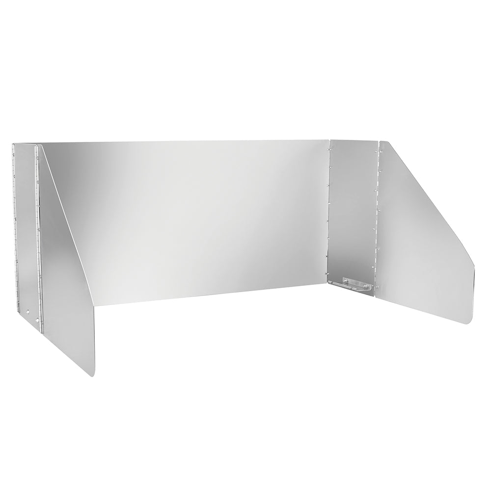 Stainless steel grill wind shield panel with side flaps and open front