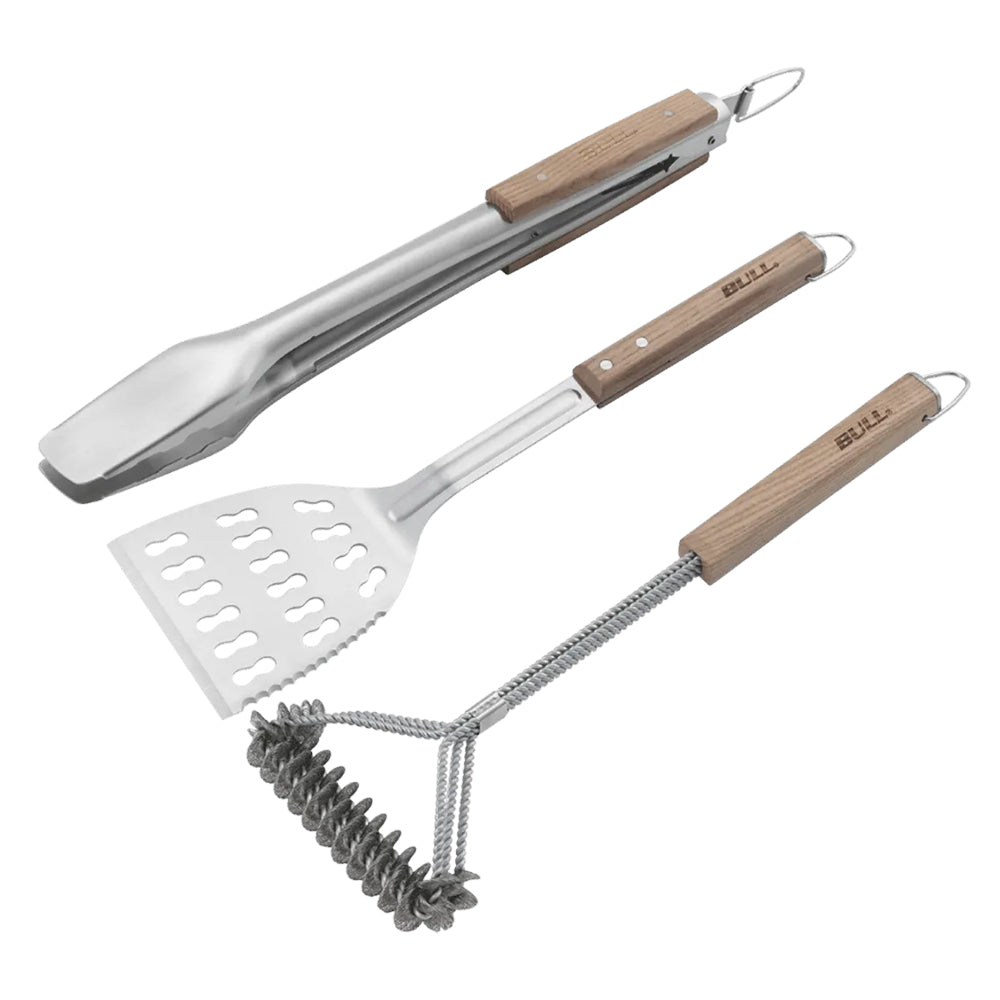 3-piece BULL tool set with wooden handles: spatula, brush, scraper