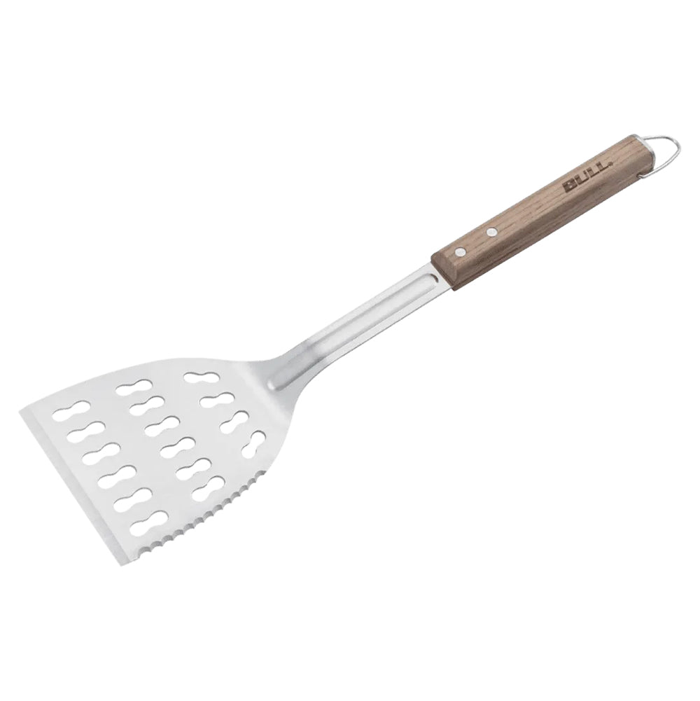 BULL perforated metal spatula with wooden handle and hanging loop