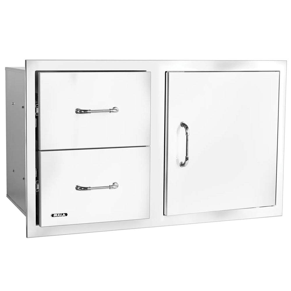 Reversible access door with two drawers, with two cabinet doors and metal pulls